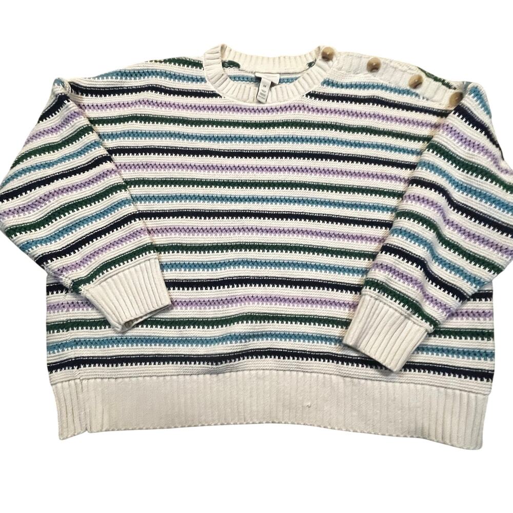 St Johns Bay 2X Coastal Striped Knit Sweater Button Shoulder Purple White Green
